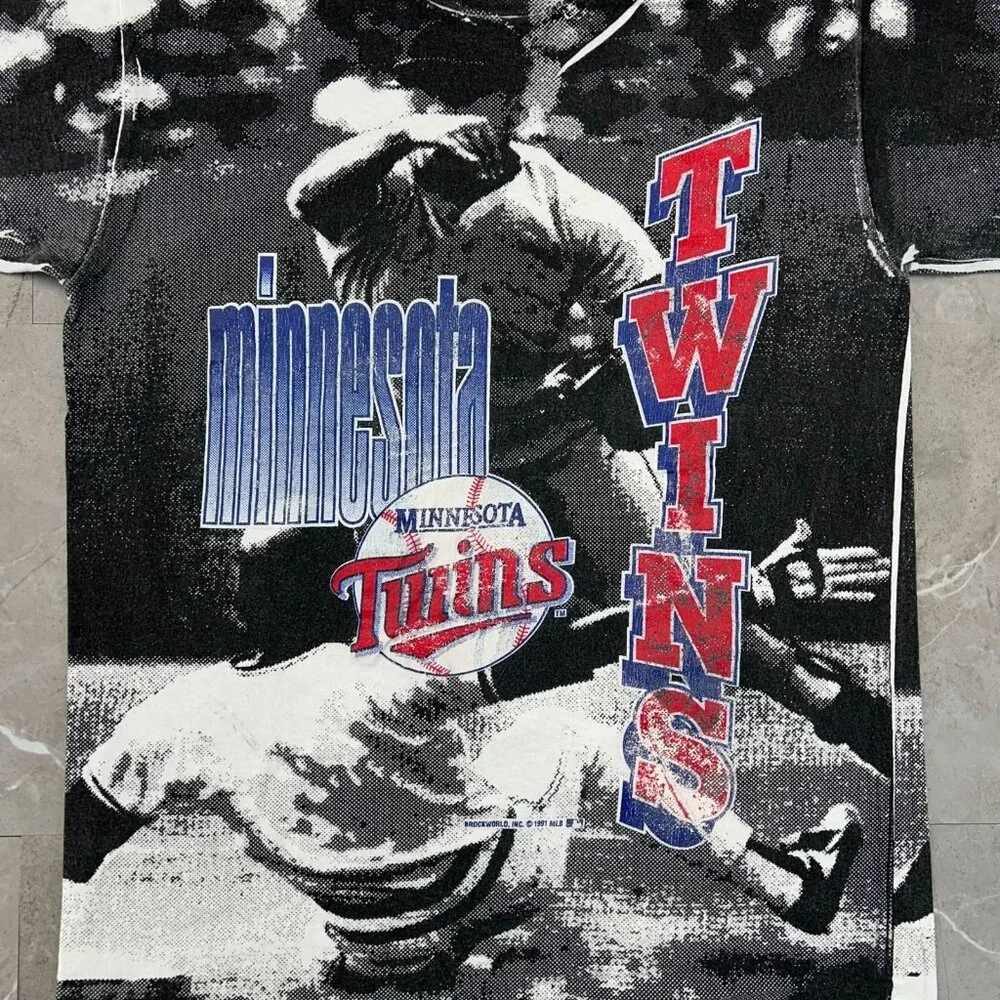 Vintage Minnesota Twins Graphic Tee Mens‎ Large AOP All Over Print MLB Baseball
